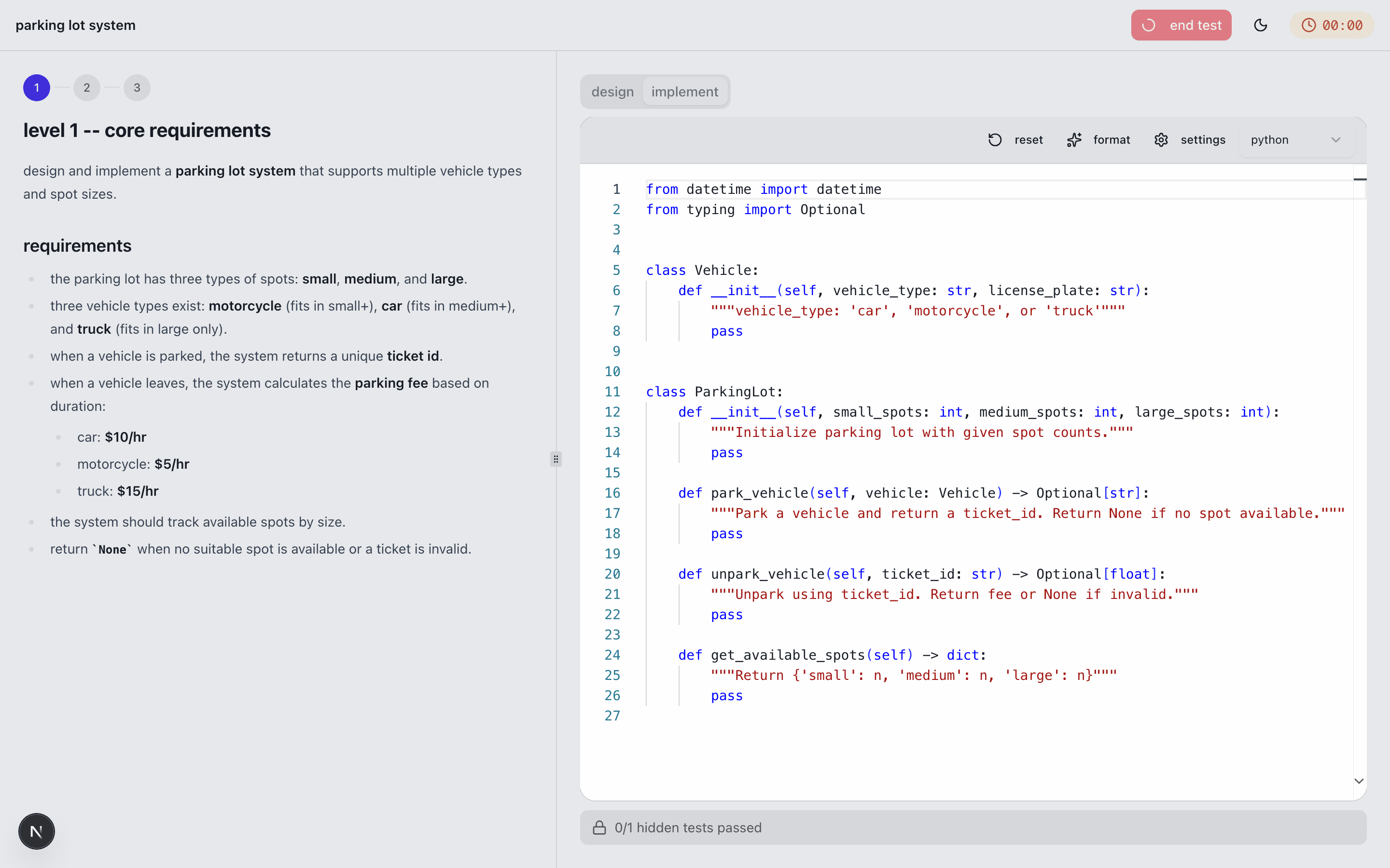 Code editor with syntax highlighting and problem requirements side-by-side