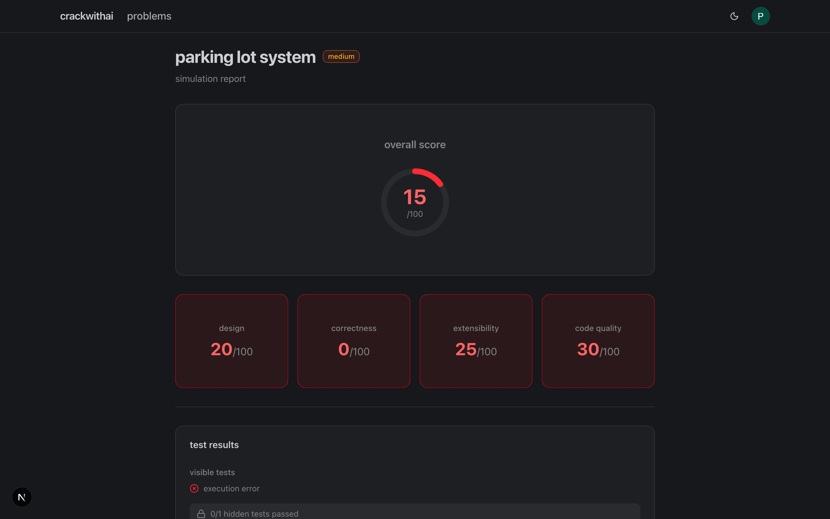 Simulation report with scores for design, correctness, extensibility, and code quality