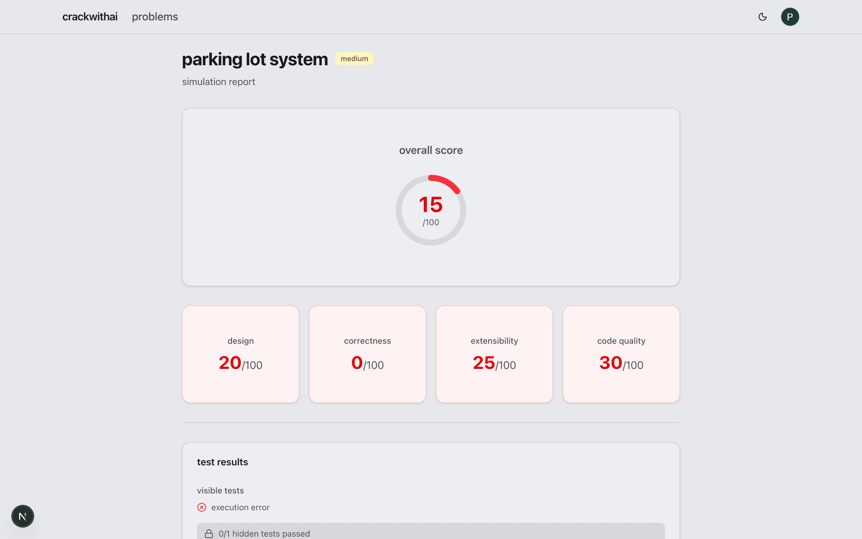 Simulation report with scores for design, correctness, extensibility, and code quality